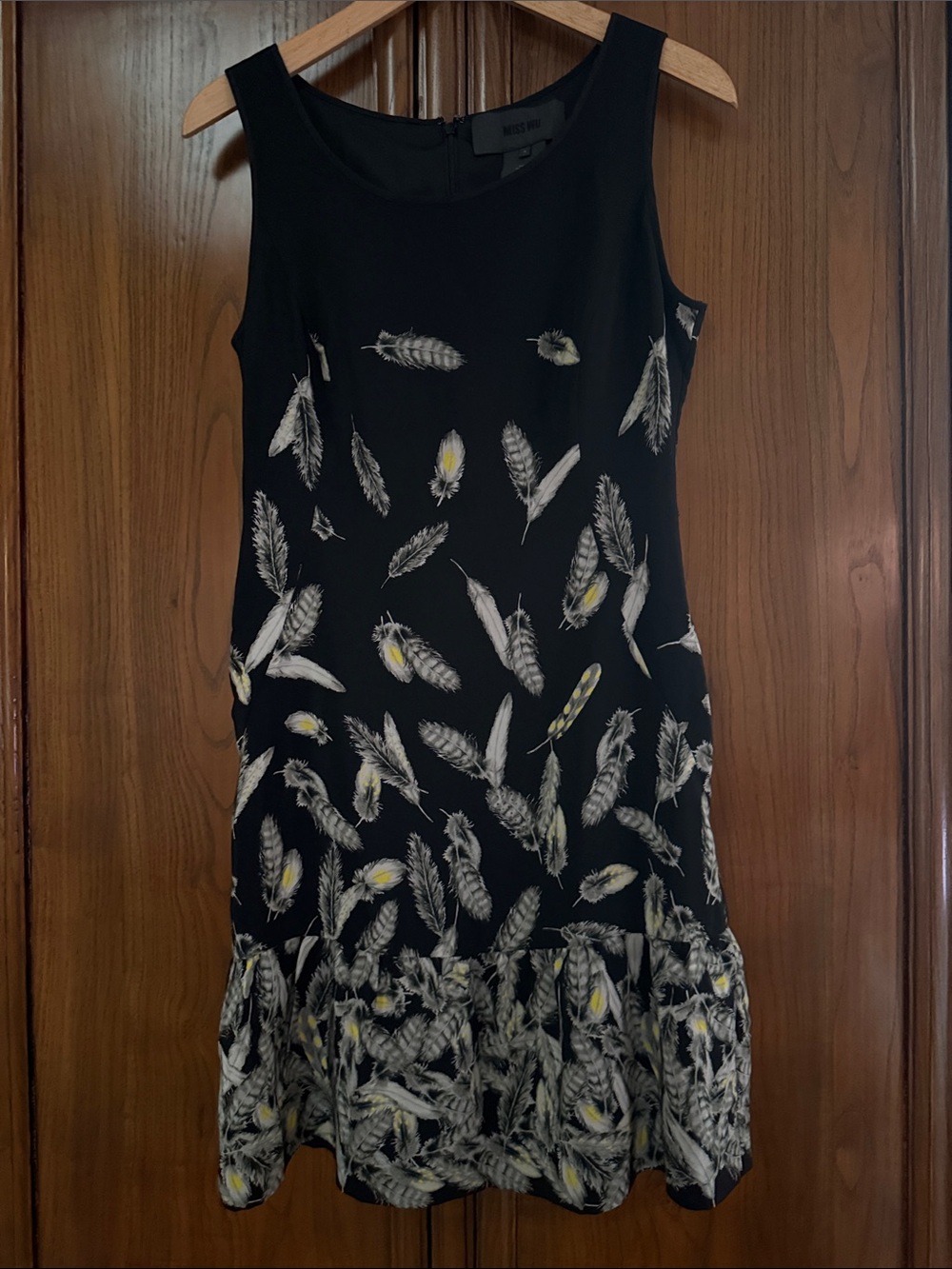 Miss Wu Black Feather-Print Scoop Neck Dress with Yellow Accents